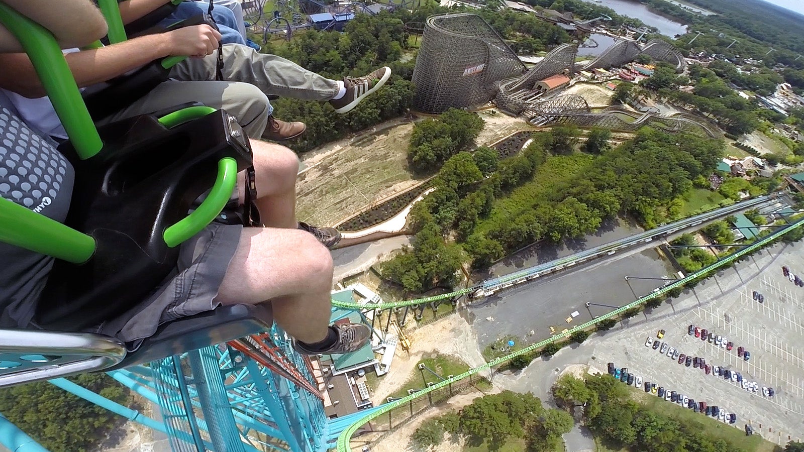  Screenshot of action cam footage shot during the free fall descent of the Zumanjaro: Drop of Doom at Six Flags amusement park. (Bas Slabbers/for NewsWorks) 