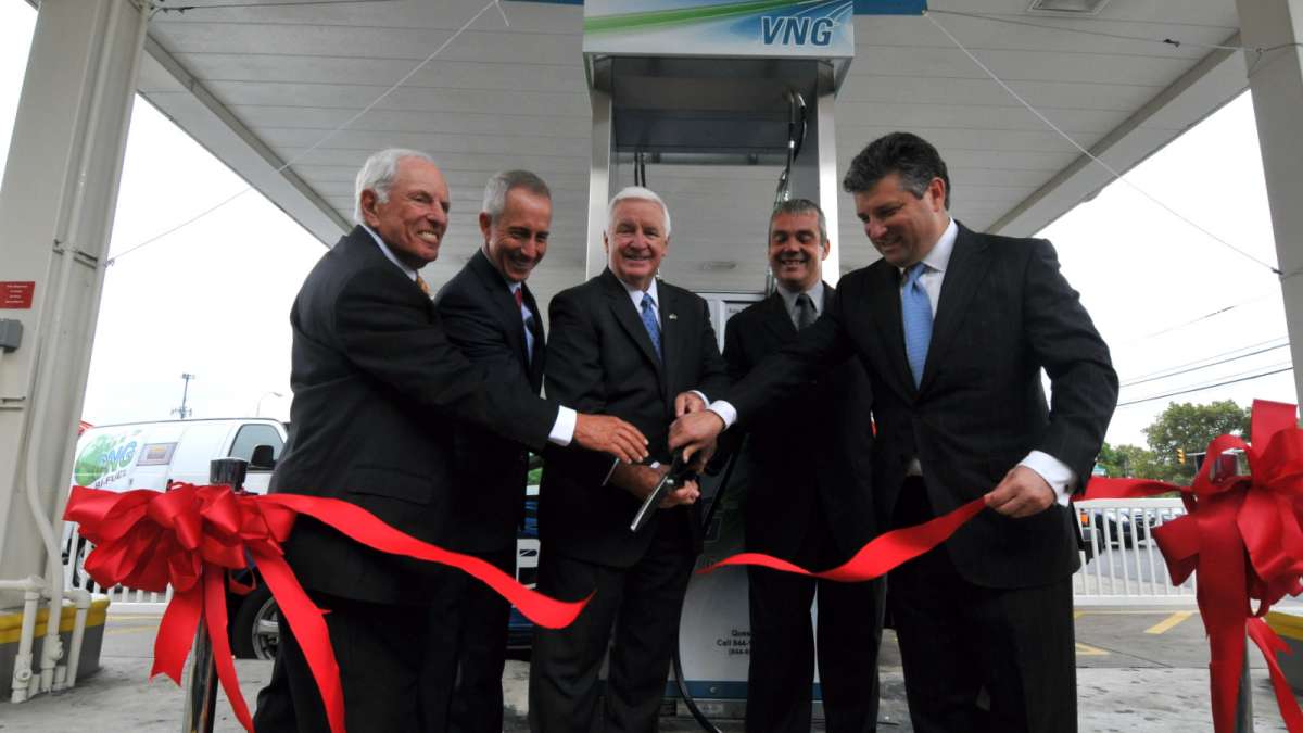  On Tuesday, Gov. Tom Corbett attended the opening of the city's first public natural gas vehicle (NGV) fueling facility at Fox Street and Abbotsford Avenue. (Bas Slabbers/for NewsWorks) 