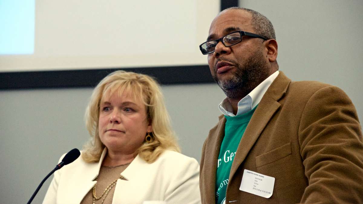  Julie Stapleton Carroll and Joe Budd present the plans for the Germantown Community Charter School Coalition to School District officials at a meeting in Dec. (Bas Slabbers/for NewsWorks) 