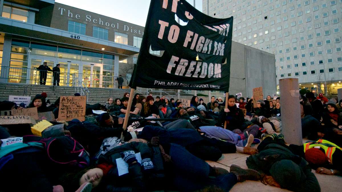  Students stage a 'Die-In' at the Philadelphia school administration building. (Bas Slabbers/for NewsWorks) 