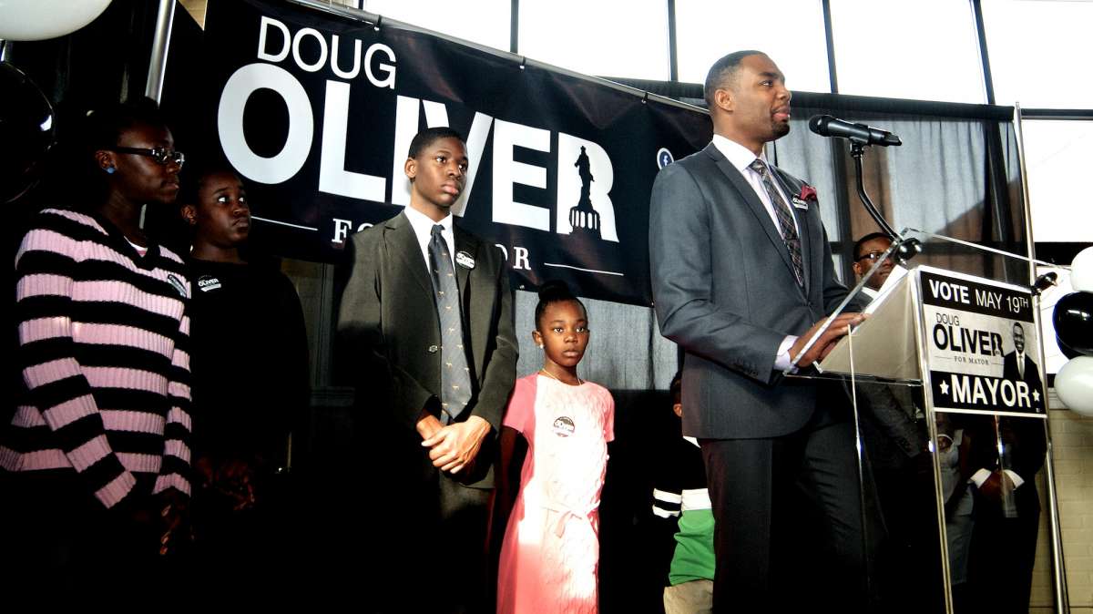  Mayoral candidate Doug Oliver speaks at his campaign launch in Germantown last weekend. (Bas Slabbers/for NewsWorks) 