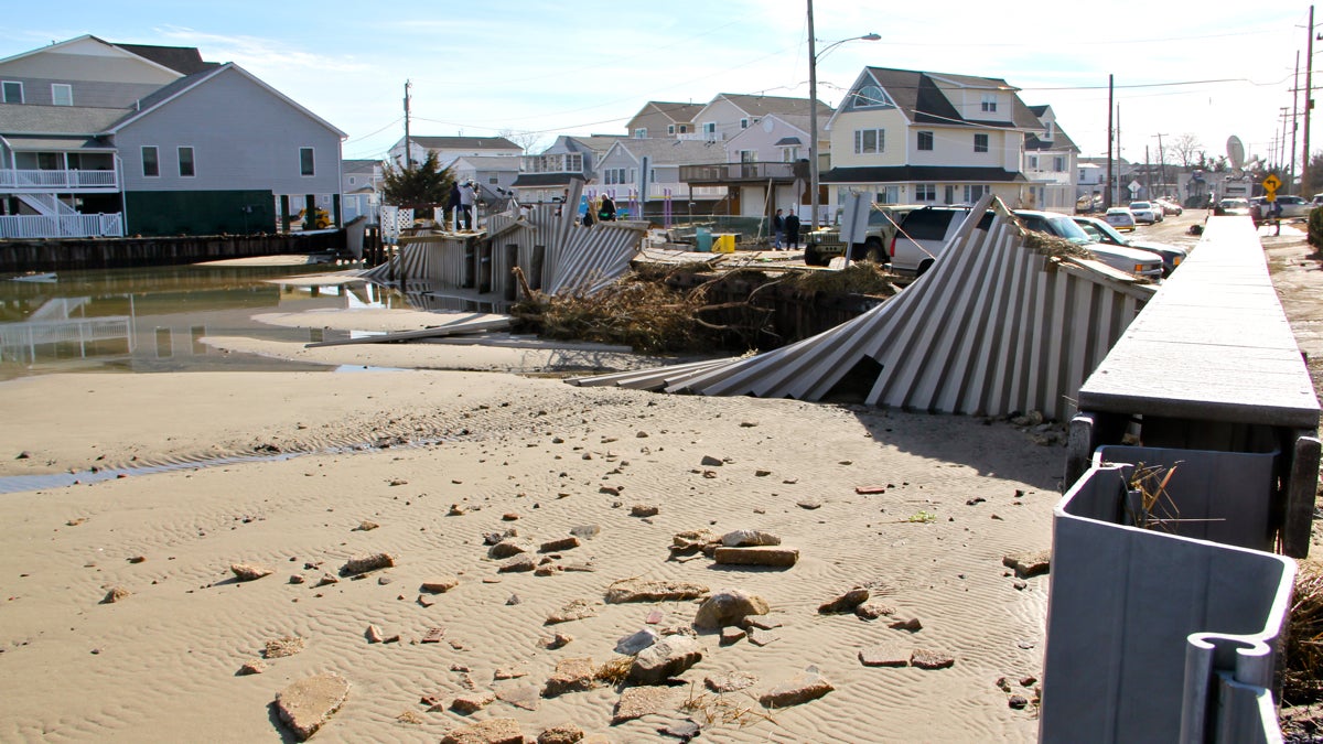  Last month's blizzard left a gaping hole in this West Wildwood bulkhead. The structures and dunes damaged during last month's storm leave Shore towns vulnerable. (Emma Lee/WHYY) 