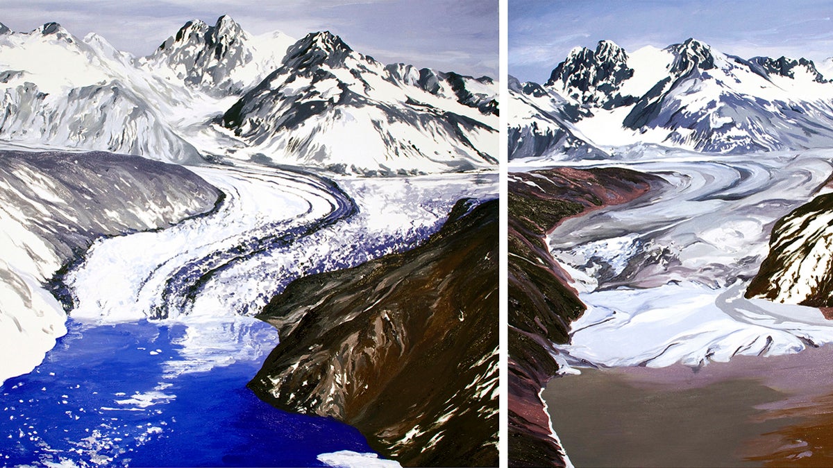 Artist Diane Burko shows the changing landscape of the Nunatak Glacier in Alaska. (Image courtesy of Diane Burko)