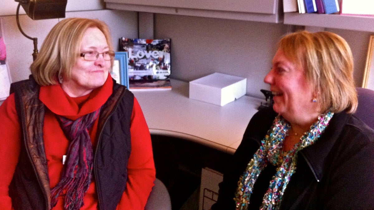  Mary Donohue of Wilmington (left) comes to the Cancer Care Connection in Newark, Del., to speak with counselor Carolyn Deputy about the emotional stress of having cancer. (Maiken Scott/WHYY) 