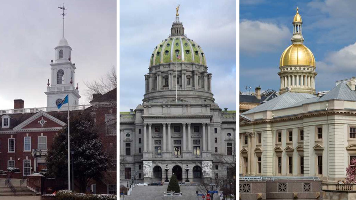 From left: Delaware Capitol in Dover (Shana O'Malley/WHYY); Pennsylvania Capitol in Harrisburg (Kevin McCorry/WHYY); New Jersey Capitol in Trenton (NewsWorks file photo)