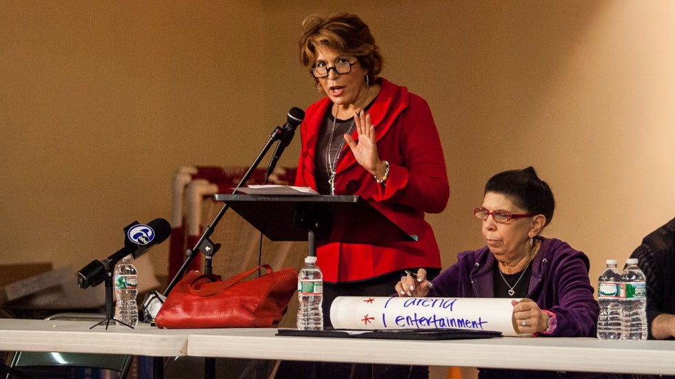  Realtor and civic activist Barbara Capozzi speaks at a South Philly meeting in 2014.(Brad Larrison/for NewsWorks) 