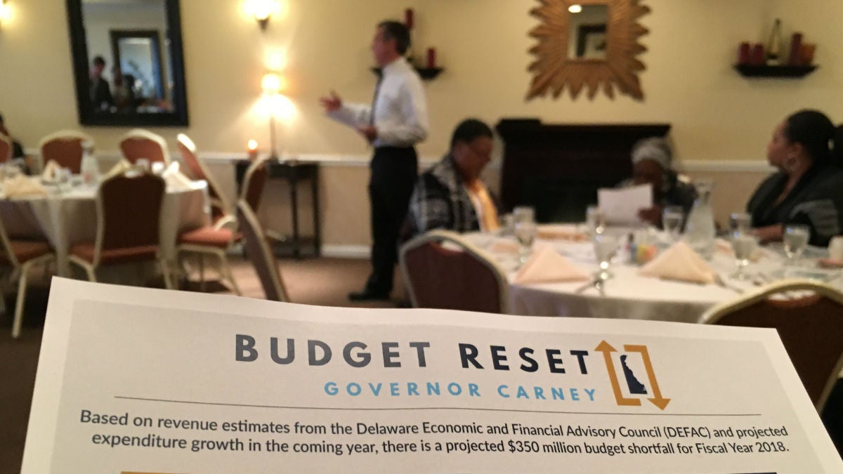 Delaware Gov. John Carney talks with residents in Wilmington about the state's $350 million budget shortfall. (Mark Eichmann/WHYY)