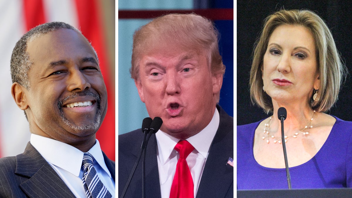  Republican presidential candidates, from left:  Dr. Ben Carson (AP Photo/Charlie Neibergall); Donald Trump (AP Photo/John Minchillo); Carly Fiorina (Kimberly Paynter/WHYY)) 