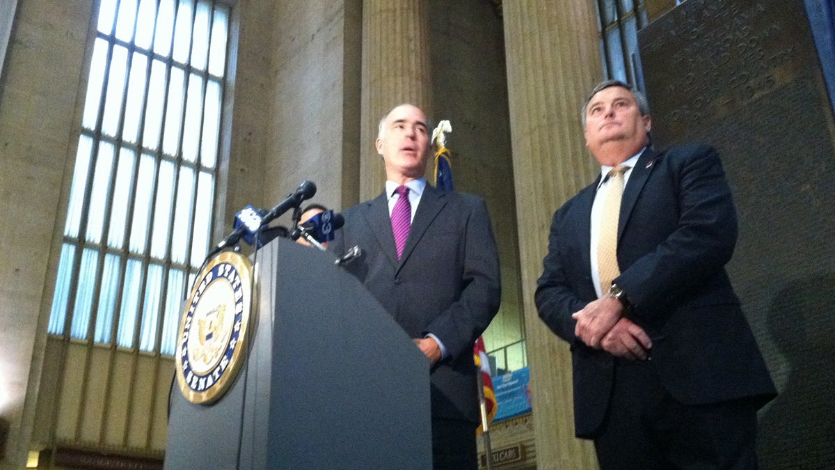  U.S. Sen. Bob Casey (left) and SEPTA general manager Joe Casey. (Emma Jacobs/for NewsWorks) 