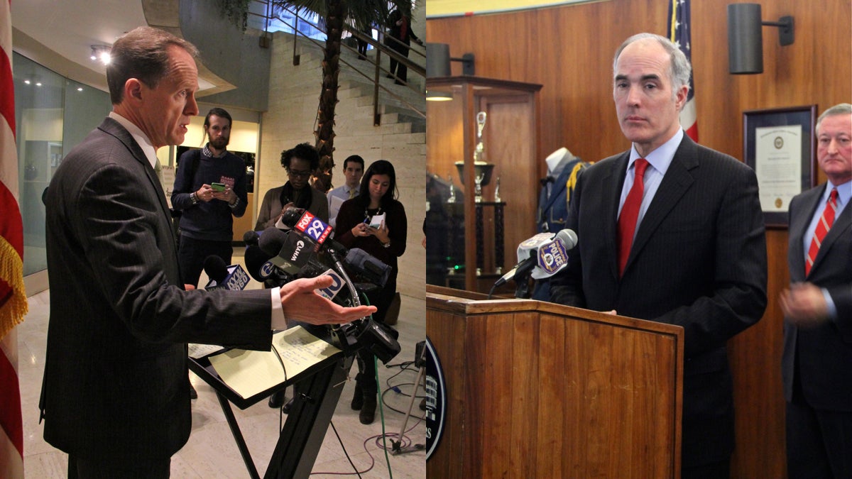  United States Sens. Pat Toomey (left) and Bob Casey hold separate news conferences in Philadelphia Thursday after an FBI briefing on the investigation into the shooting of Police Officer Jesse Hartnett. (Emma Lee/WHYY) 