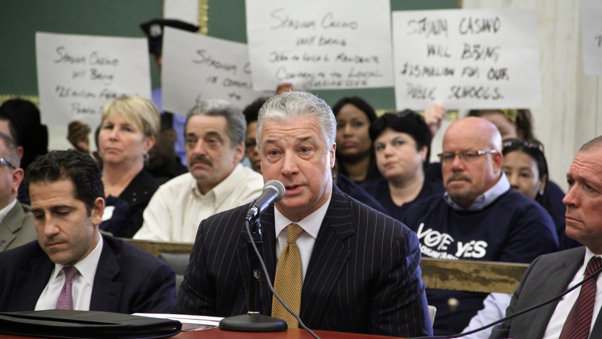  Anthony Ricci, head of Parx Casino, speaks during a zoning hearing for the proposed Live! Hotel and Casino in South Philly. Protesters used the hearing to accuse Parx's partner, the Cordish Co., of racial discrimination.  (Emma Lee/WHYY) 