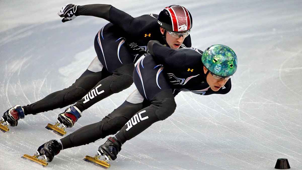  United States short track speed skating teammates Christopher Creveling, left, and J.r. Celski run through a training session at the Iceberg Skating Palace at the 2014 Winter Olympics in Sochi, Russia. (AP Photo/David Goldman) 