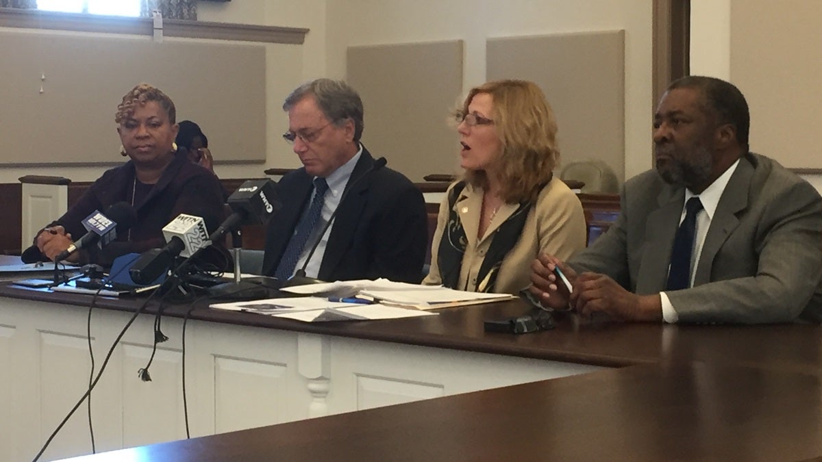  DHSS Secretary Rita Landgraf joins state and city leaders to unveil the CDC report on Wilmington violence Tuesday morning. (Zoe Read/WHYY) 