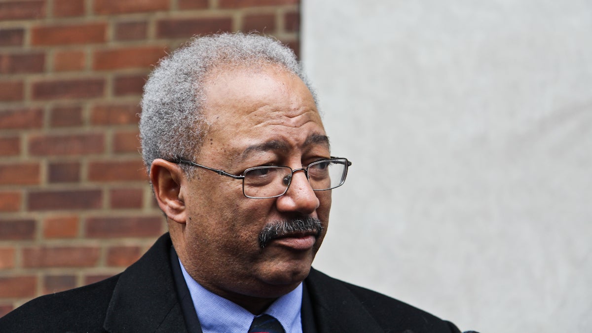  Congressman Chakka Fattah answers questions outside the Federal Courthouse Tuesday. (Kimberly Paynter/WHYY) 