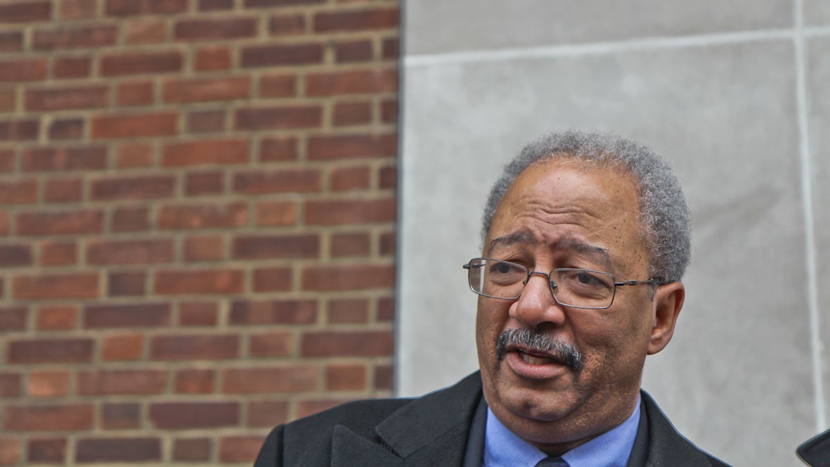  U.S. Rep. Chakka Fattah answers questions outside the federal courthouse Tuesday. (Kimberly Paynter/WHYY) 