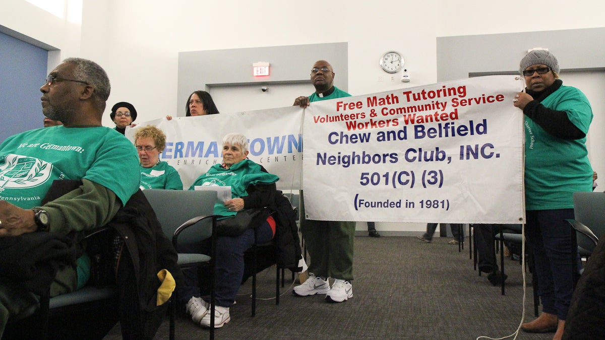  Germantown residents show support for the Germantown Community applicant at the SRC charter school application hearings on Monday. (Kimberly Paynter/WHYY) 