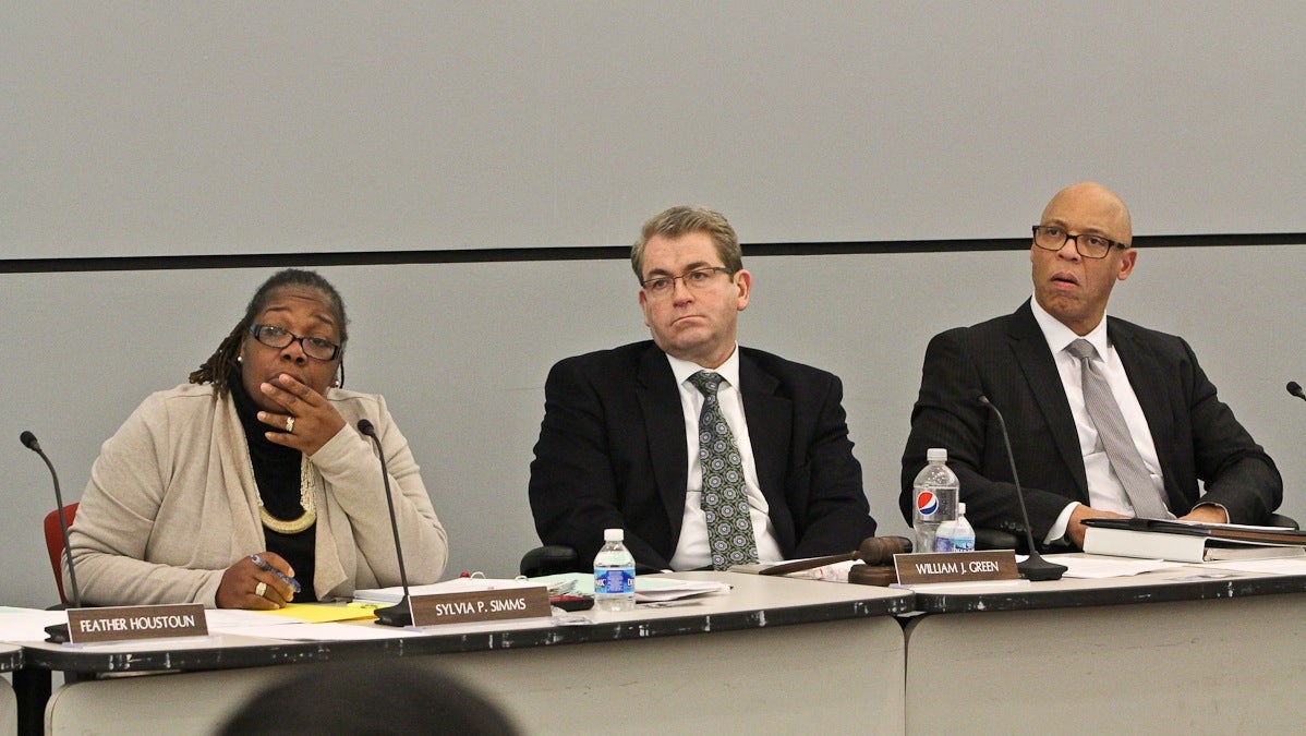  SRC commissioners Sylvia Simms, Bill Green, and Philadelphia school superintendent William Hite hear speaker testimony during February's charter application vote. (Kimberly Paynter/WHYY) 