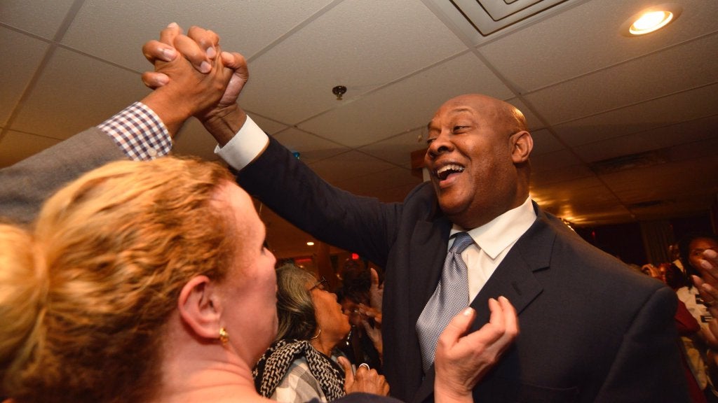 Congressional nominee Dwight Evans greets supporters. (Bastiaan Slabbers/for NewsWorks)