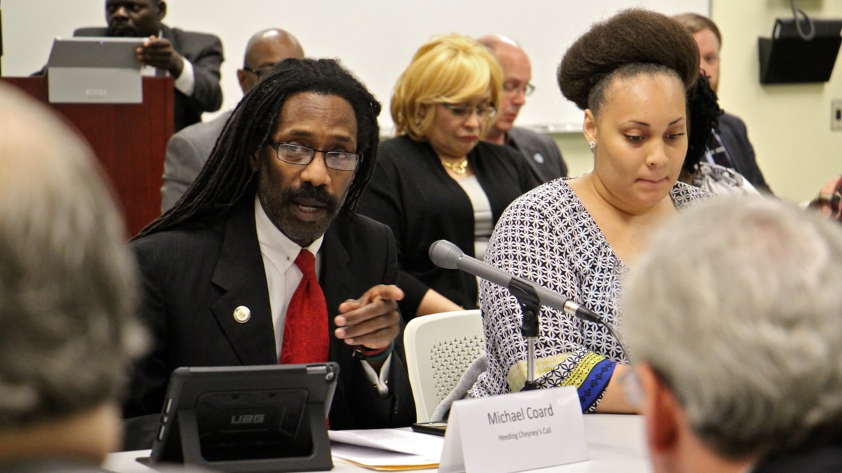 Cheyney University graduate and Temple University adjunct professor Michael Coard testifies at a public hearing on how to fund the struggling historically black university. (Emma Lee/WHYY)