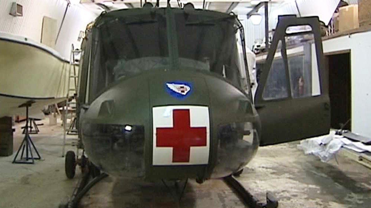  This Huey helicopter will soon be in place high above the Kent County Vietnam Veterans Memorial in Dover.(Charlie O'Neill/WHYY) 