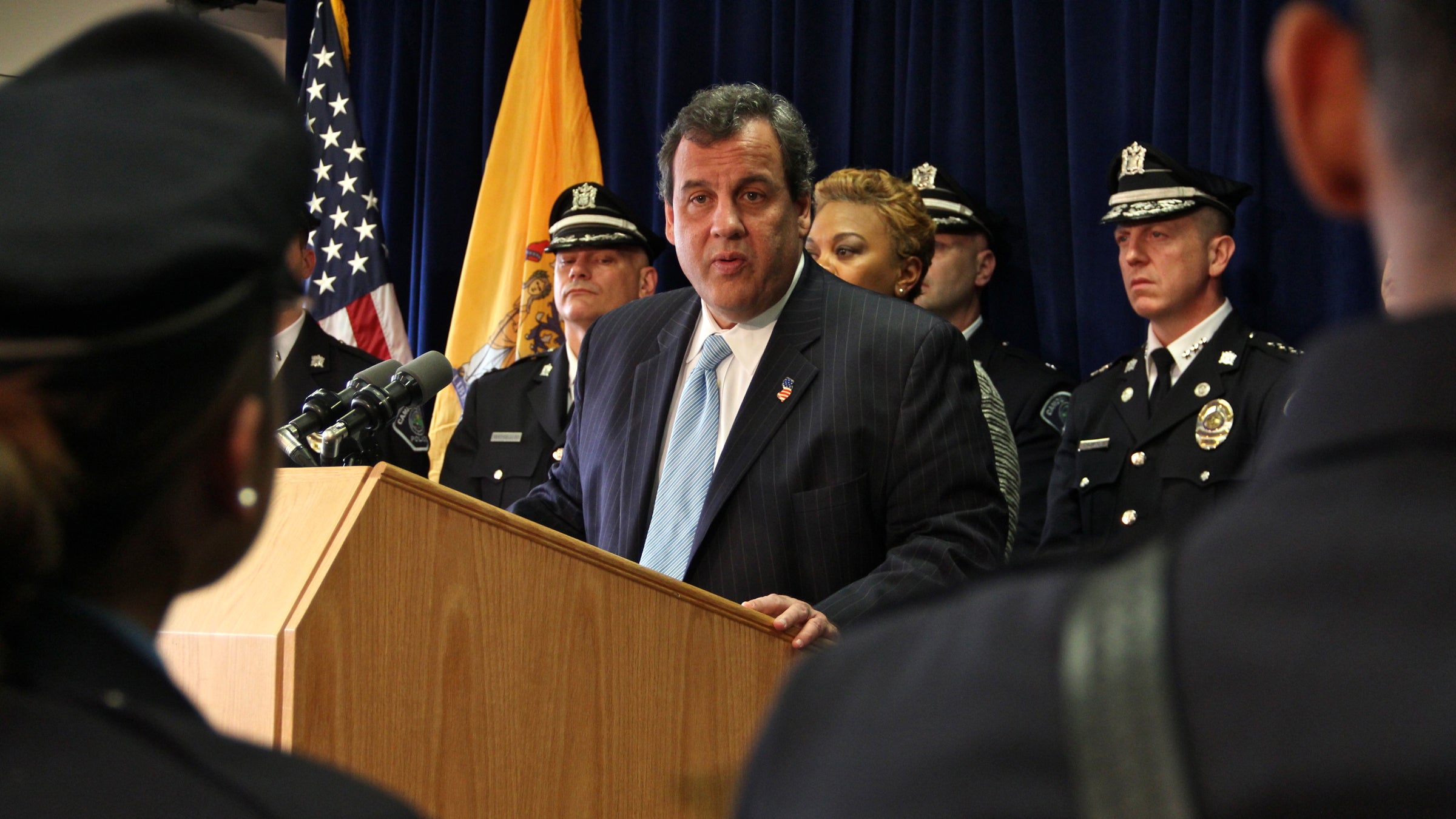  Gov. Chris Christie addresses members of the Camden County police force. (Emma Lee/WHYY) 