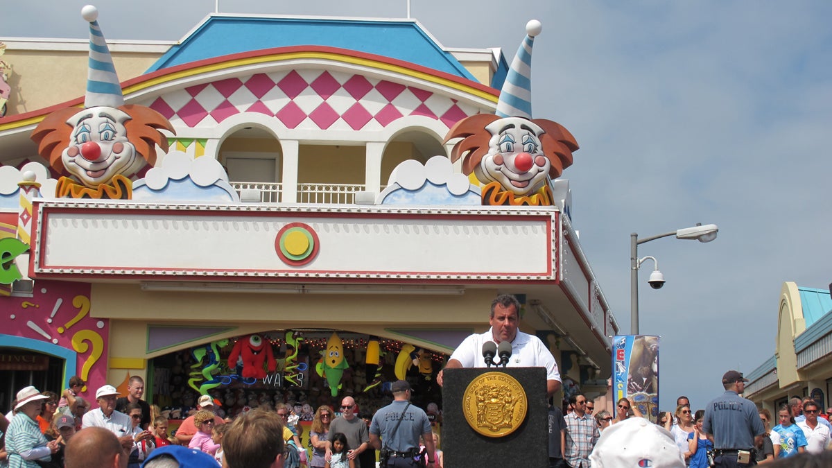  N.J. Gov. Chris  Christie discusses the summer tourism season on the boardwalk in Point Pleasant Beach. (Phil Gregory/for NewsWorks) 
