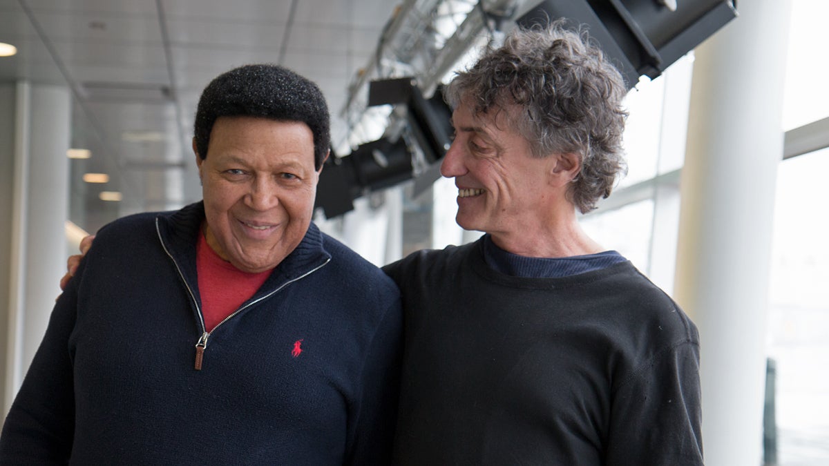 Chubby Checker visits WHYY studios to speak with NewsWorks Tonight host Dave Heller. (Lindsay Lazarski/WHYY)