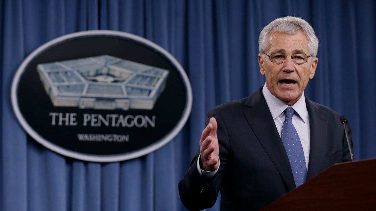  Defense Secretary Chuck Hagel briefs reporters at the Pentagon, Monday, Feb. 24, 2014, where he recommended shrinking the Army to its smallest size since the buildup to U.S. involvement in World War II in an effort to balance postwar defense needs with budget realities. (AP Photo/Carolyn Kaster) 