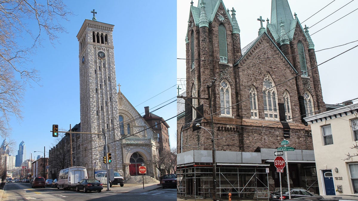 The former Greater St. Matthew Baptist Church in South Philadelphia (left) was converted into lofts in 2014. A similar proposal has been made for St. Laurentius Church in Fishtown. (Plan Philly file photo