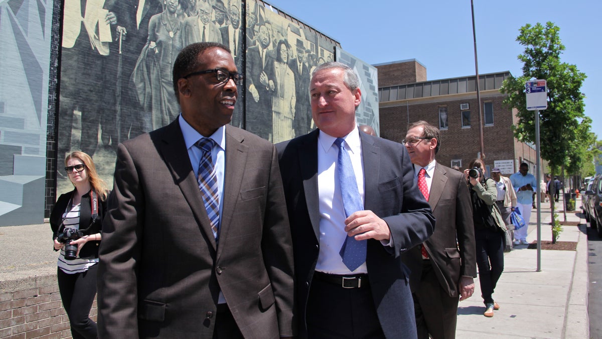  City Council President Darrell Clarke announced his support of Jim Kenney's mayoral candidacy on Thursday afternoon. (Emma Lee/WHYY) 