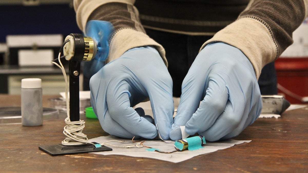 The conductive clay completes a circuit that powers a small fan. (Kimberly Paynter/WHYY)