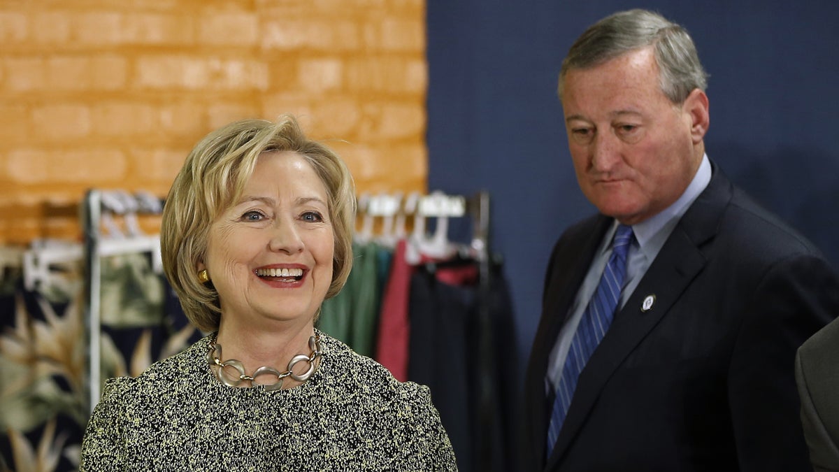 Hillary Clinton is shown during a presidential campaign top with Philadelphia Mayor Jim Kenney in April 2016. Both are Democrats