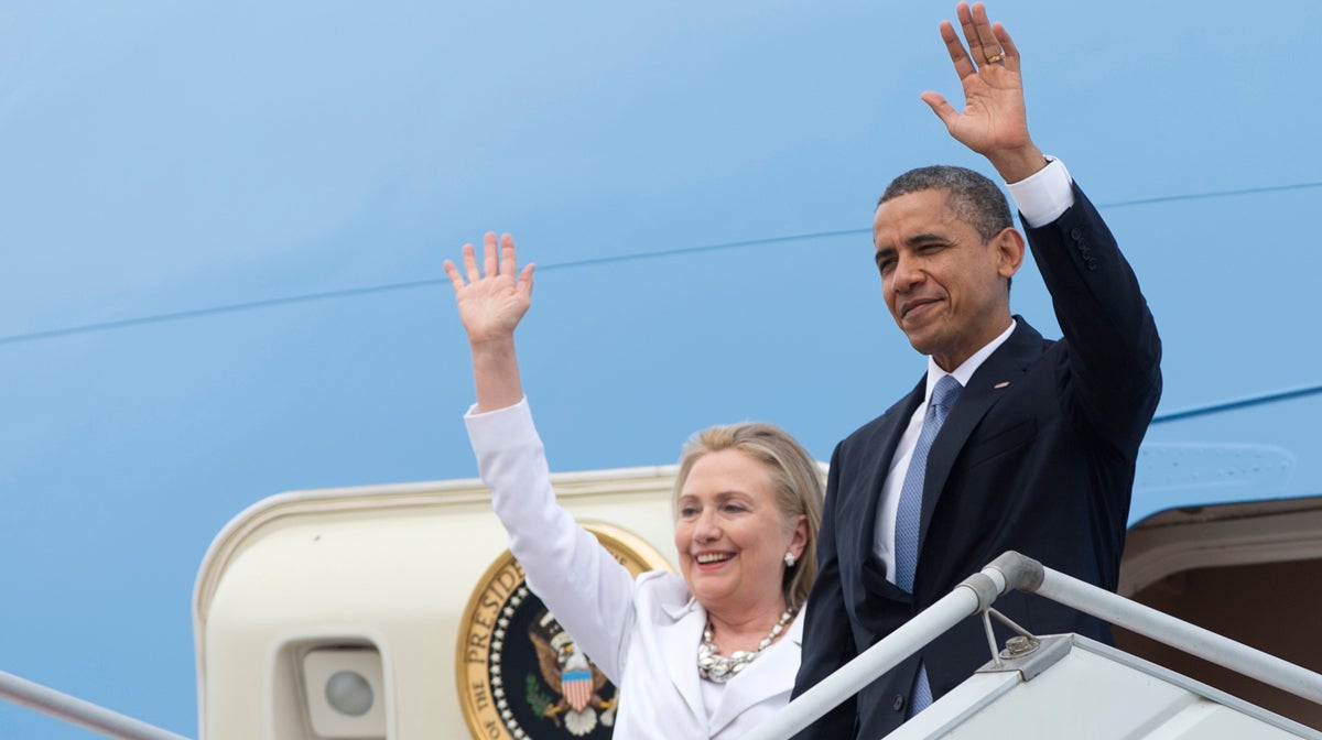  Barack Obama and Hillary Rodham Clinton (then secretary of state) are shown arriving in Myanmar on Air Force One in late 2012. (AP Photo/Carolyn Kaster) 