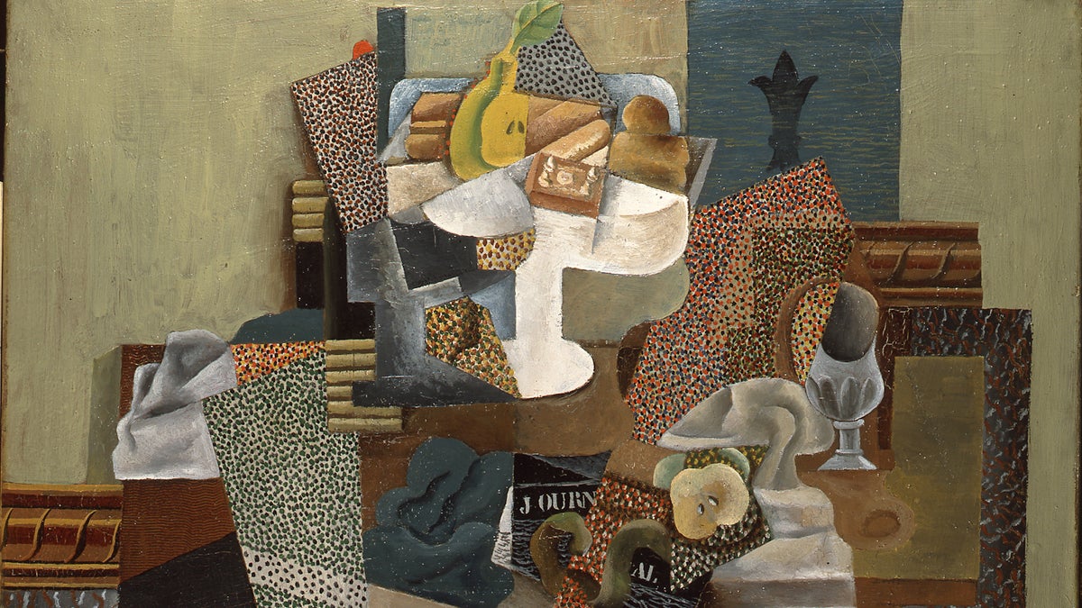  An exhibit examining the dramatic fluctuations of Pablo Picasso's style during the period surrounding the First World War, from 1912 to 1924 opens at the Barnes Foundation, February 21. Pictured: Pablo Picasso (Spanish, 1881 - 1973). Still Life with Compote and Glass, 1914–15. Oil on canvas, 25 x 31