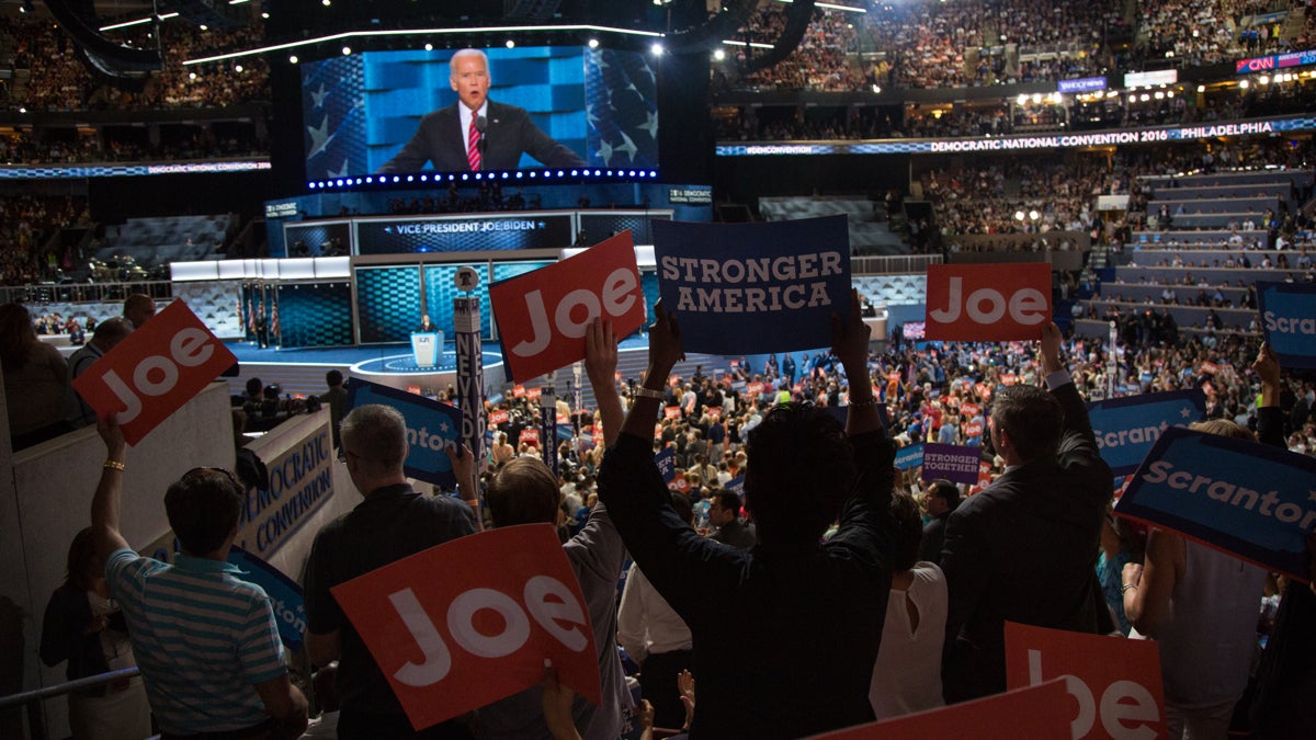 Vice President Joe Biden addresses the crowd of delegates on the third night of the 2016 Democratic National Convention. (Emily Cohen for NewsWorks)
