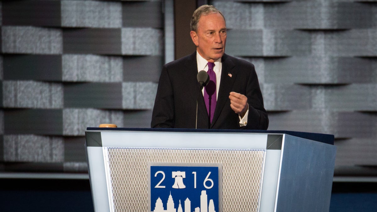 Self-declared Independent Michael Bloomberg addresses the crowd at the 2016 Democratic National Convention. (Emily Cohen for NewsWorks)