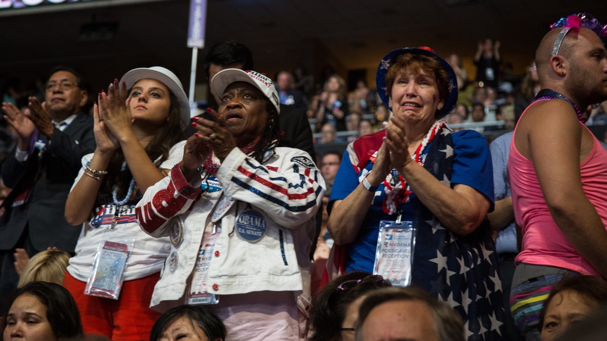 Delegates get emotional during speeches at the 2016 Democratic National Convention. (Emily Cohen for NewsWorks)