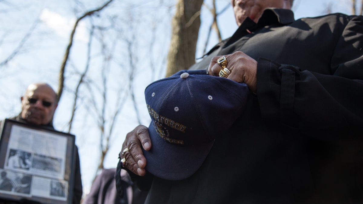 Reverend Doctor Gradis Eggleston, himself an Air Force Vet, leads the group gatherd at the African-American Civil War cemetery that they have gathered at to restore in East Fallowfield Township February 27th, 2016. (Emily Cohen/for Newsworks)