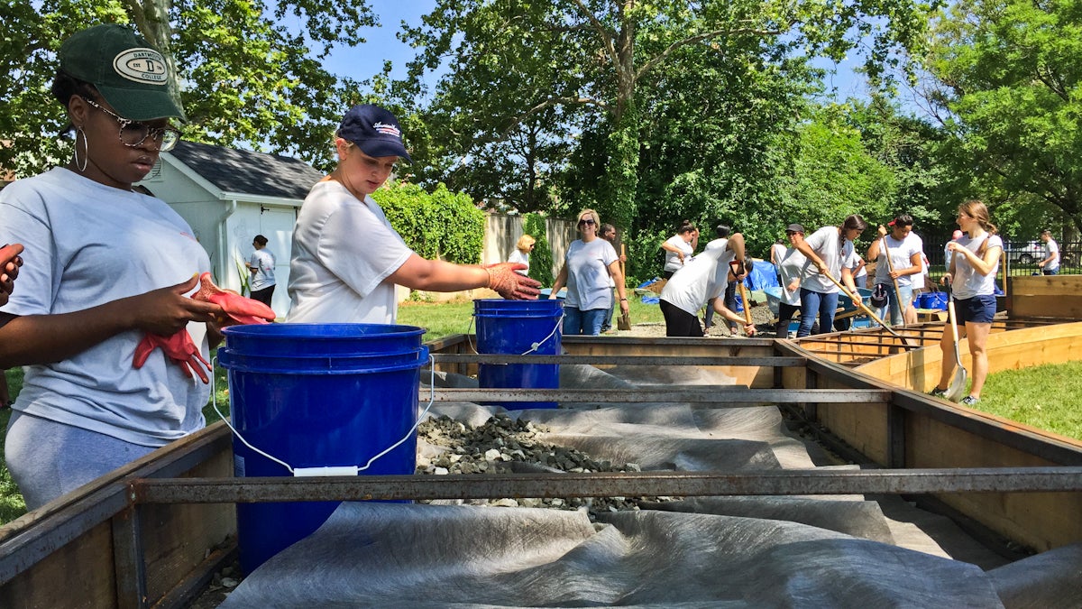 Volunteers with the Democratic National Convention plant fruits and vegetables for the garden's inaugural season.(Aaron Moselle/WHYY)