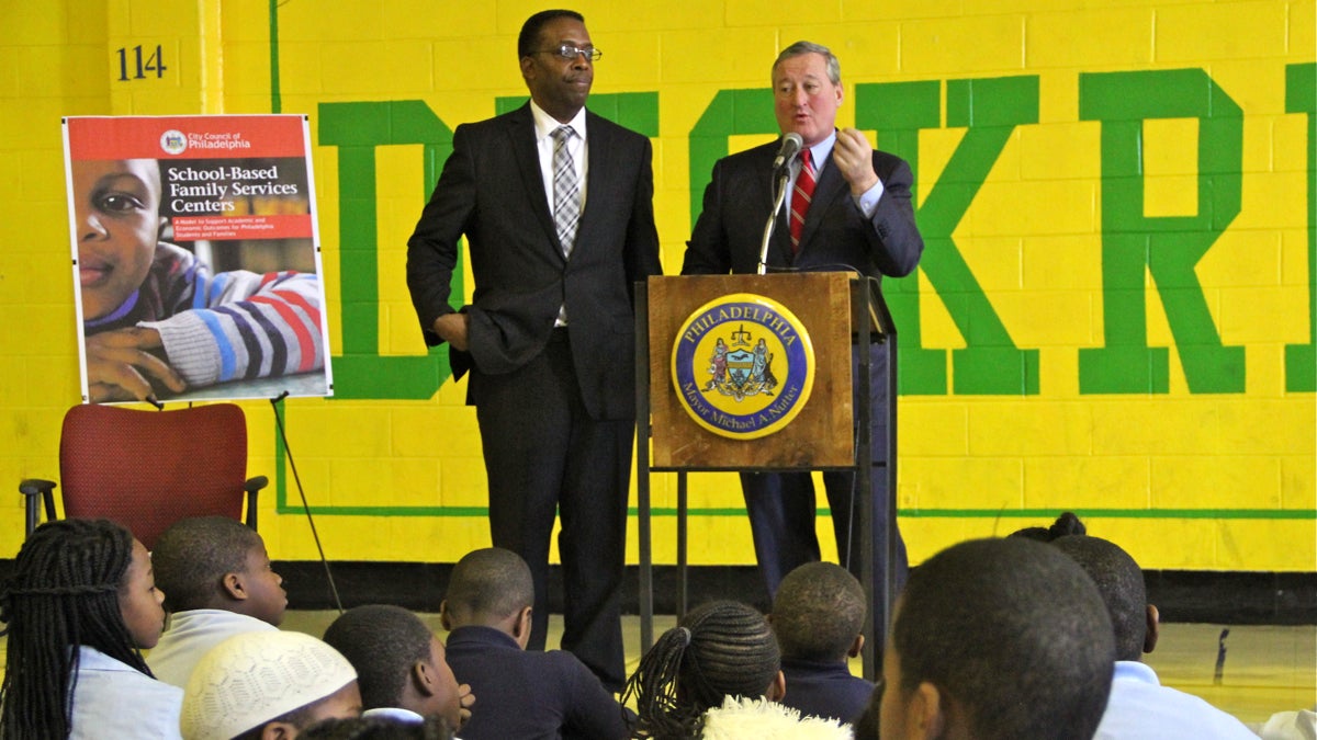 Philadelphia Council President Darrell Clarke and Mayor Jim Kenney convened at Duckrey Tanner School in  November to talk about the creation of community schools. (Emma Lee/WHYY)