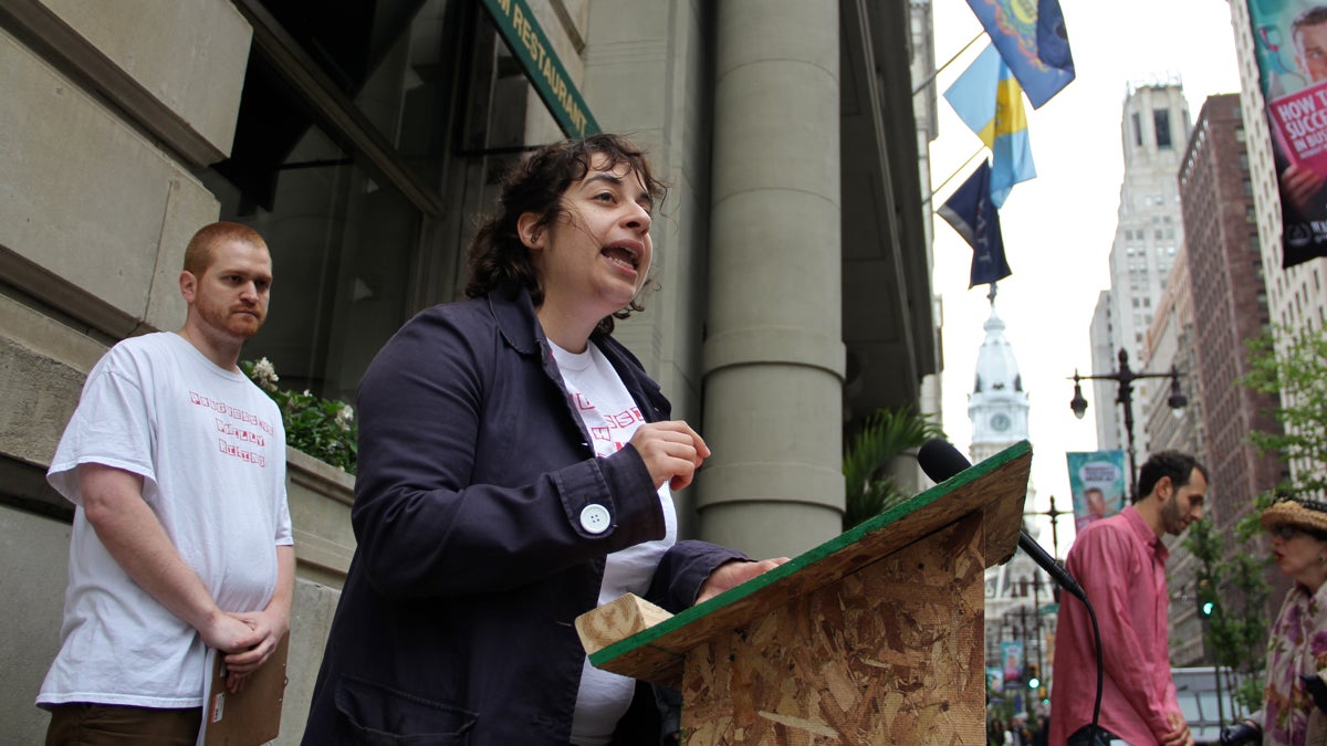  Dina Yarmus of Progressive Philly Rising joins members of other government reform groups in demanding an investigations of gifts given to Gov. Tom Corbett. (Emma Lee/WHYY) 