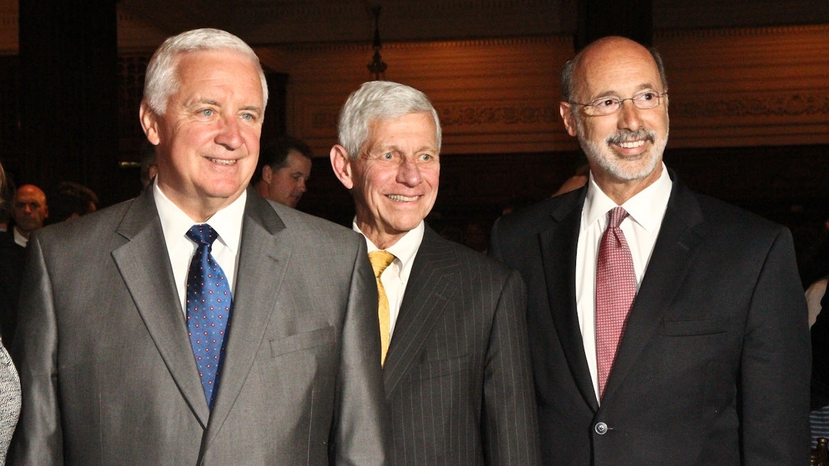  Governor Tom Corbett (left) and Democratic Candidate for Governor, Tom Wolf (right) both made remarks at the Pennsylvania Environmental Council (PEC) presentation of the Windsor award to Senator Edwin Erickson (center). (Kimberly Paynter/WHYY) 