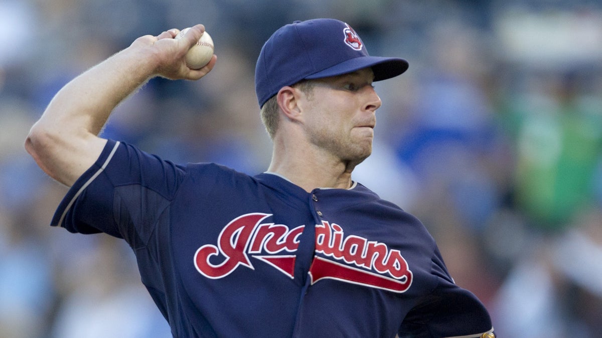  Cleveland Indians starting pitcher Corey Kluber throws to a Kansas City Royals batter during the first inning of a baseball game at Kauffman Stadium in Kansas City, Mo., Thursday, Aug. 2, 2012. (AP Photo/Orlin Wagner) 