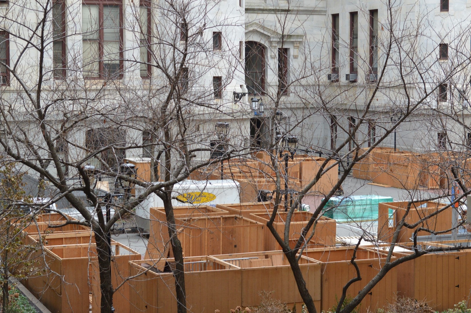 Philadelphia City Hall Courtyard currently is closed with disassembly of holiday market underway (Tom MacDonald/WHYY)