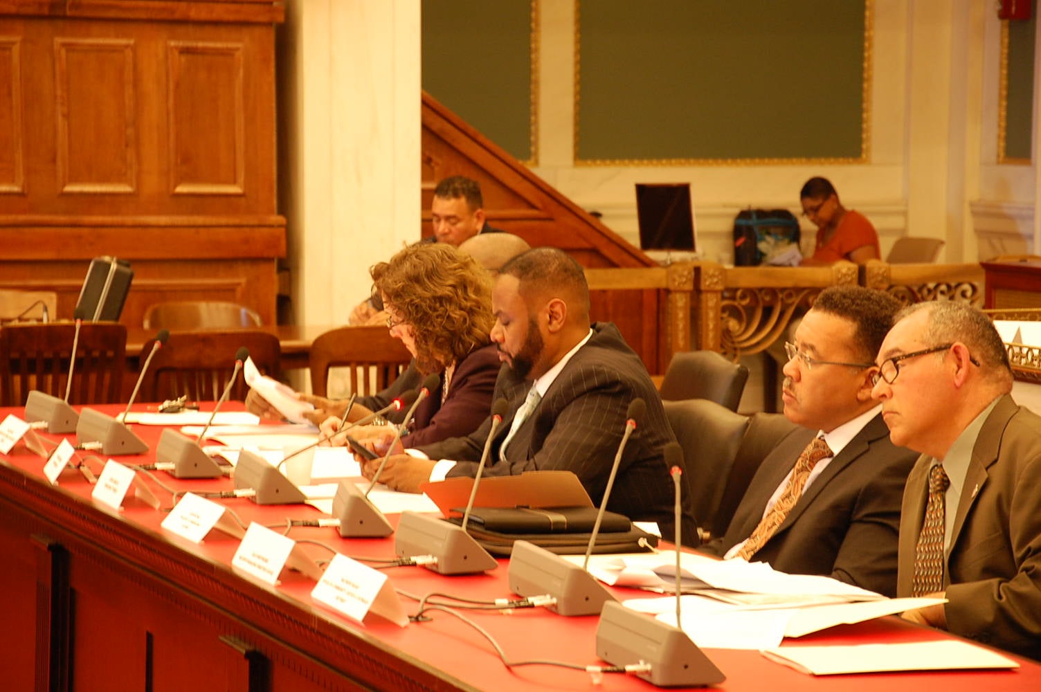 Members of the City Council Criminal Justice Reform Committee listen to testimony Monday. (Tom MacDonald/WHYY)