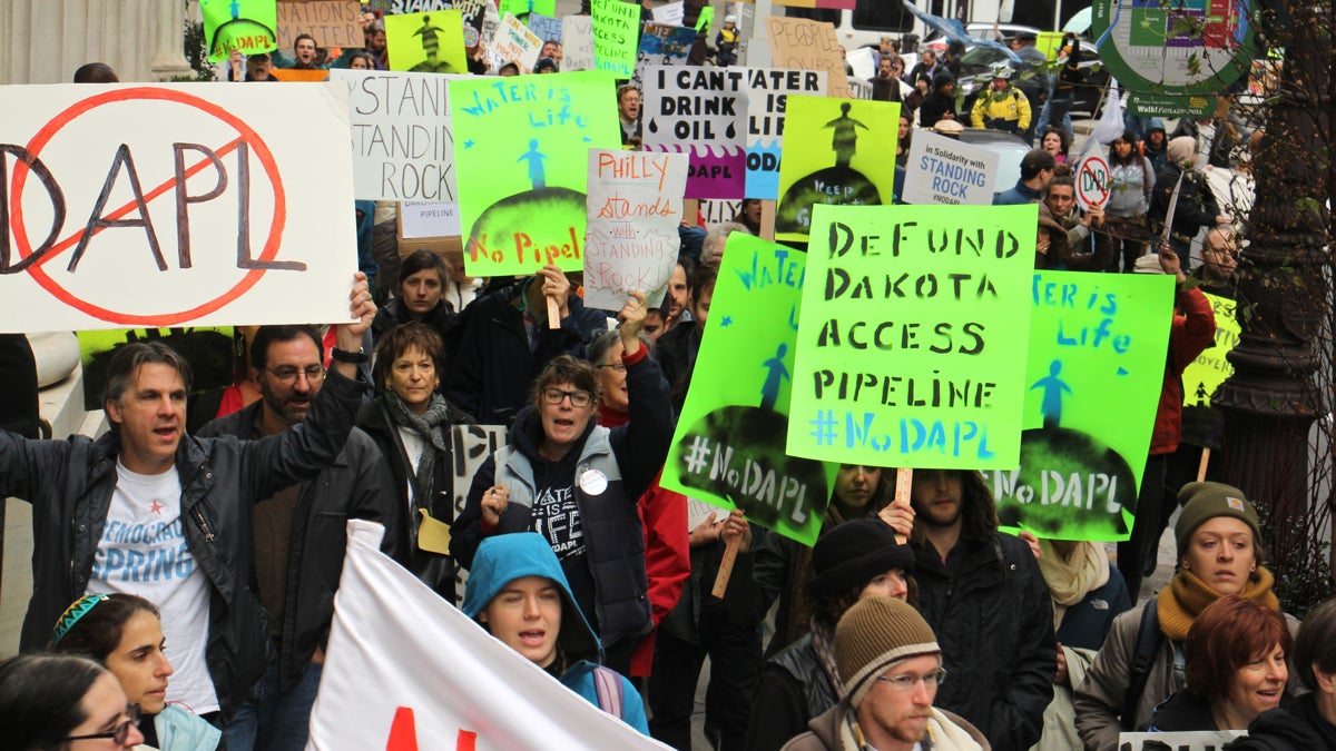 About 300 people march in Center City to protest the Dakota Access Pipeline. (Emma Lee/WHYY)