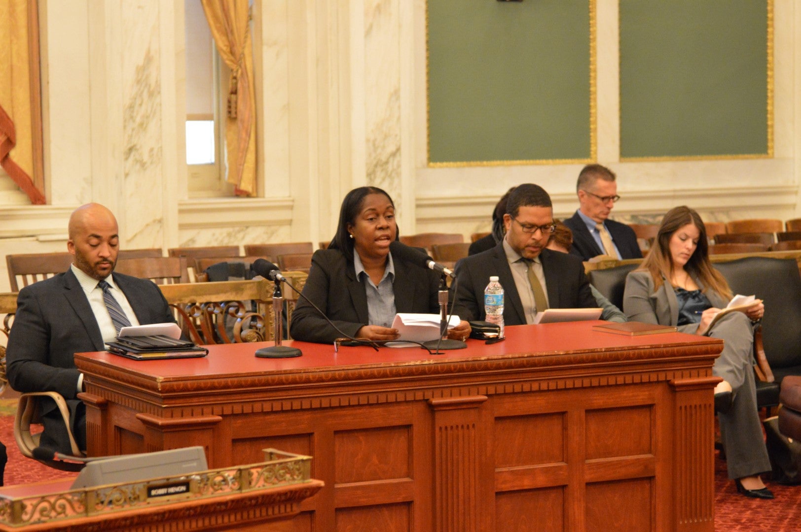 Philadelphia city and school district officials testify at a hearing Monday on how to get more students interested in continuing technical education. (Tom MacDonald/ WHYY)