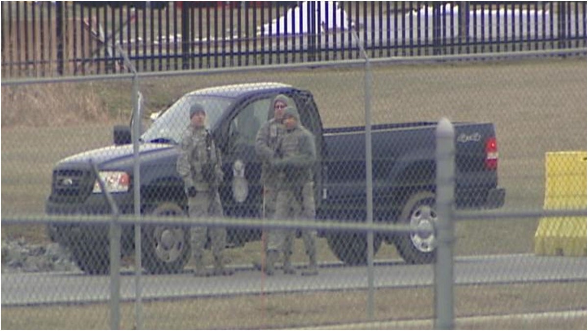  Access to Delaware Air Guard security gate blocked off and guarded (Gary Lindstrom/WHYY) 