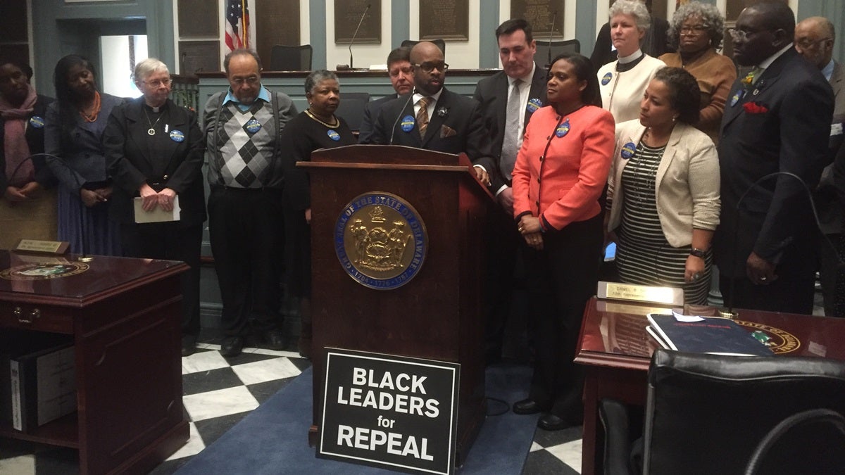  Rev. Donald Morton, executive director of the Complexities of Color Coalition, and others, expressed their support of the death penalty repeal during a press conference in Dover on Wednesday.  (Zoe Read/WHYY) 