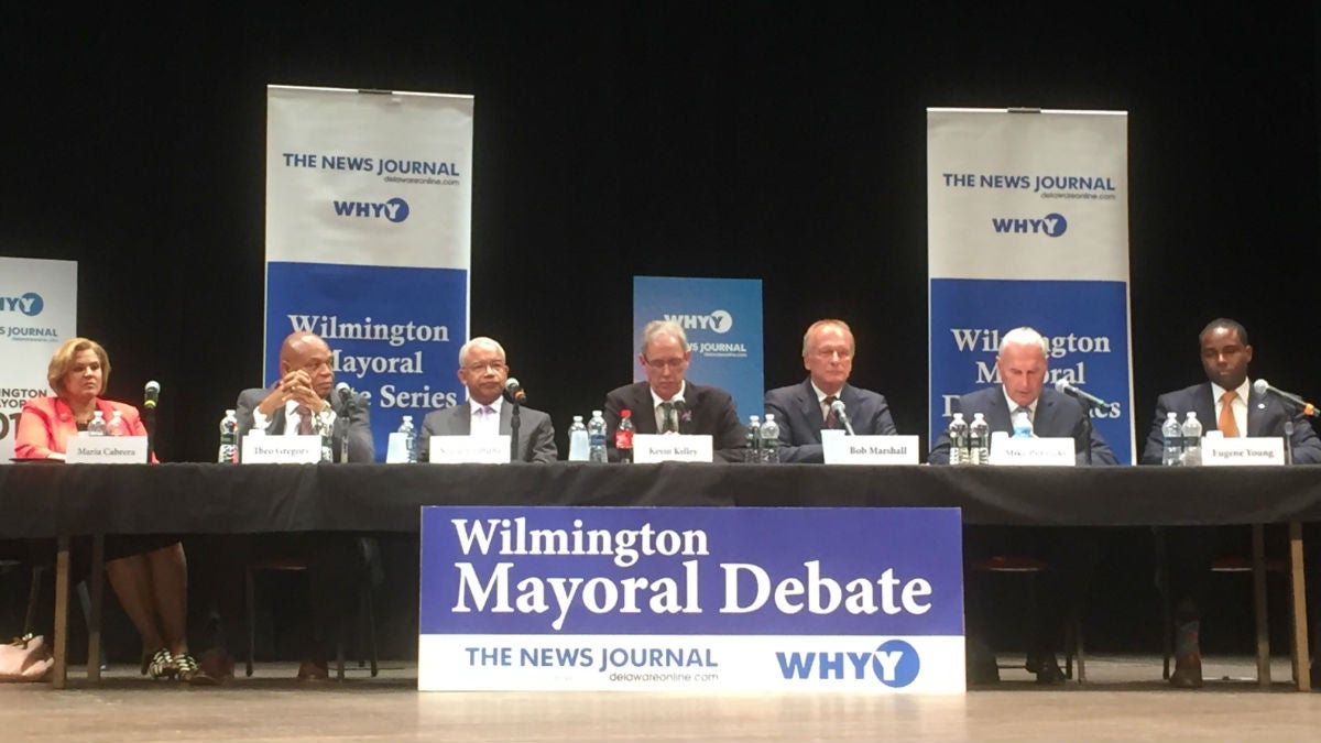 Seven of the eight Democrats running for Wilmington mayor debated public safety issues Thursday night. Those candidates include (from left) Maria Cabrera
